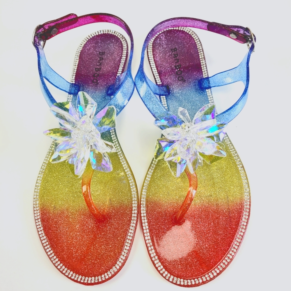 Bamboo Sasha 01 Clear Rainbow Jelly Flower Sandals with Rhinestones Size 7